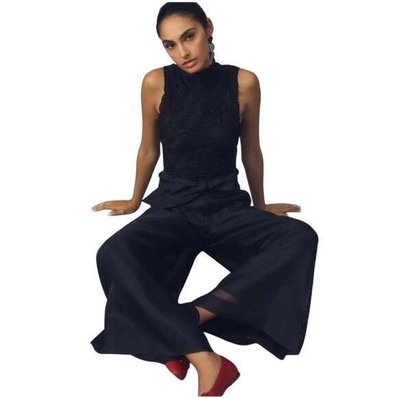 By Anthropologie NWT Silk Organza Wide Leg Pants Black Flowy Pockets Size 10 - Picture 6 of 14